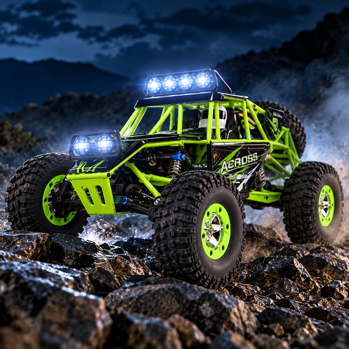 WLtoys 12427 con luces LED en terreno rocoso de noche