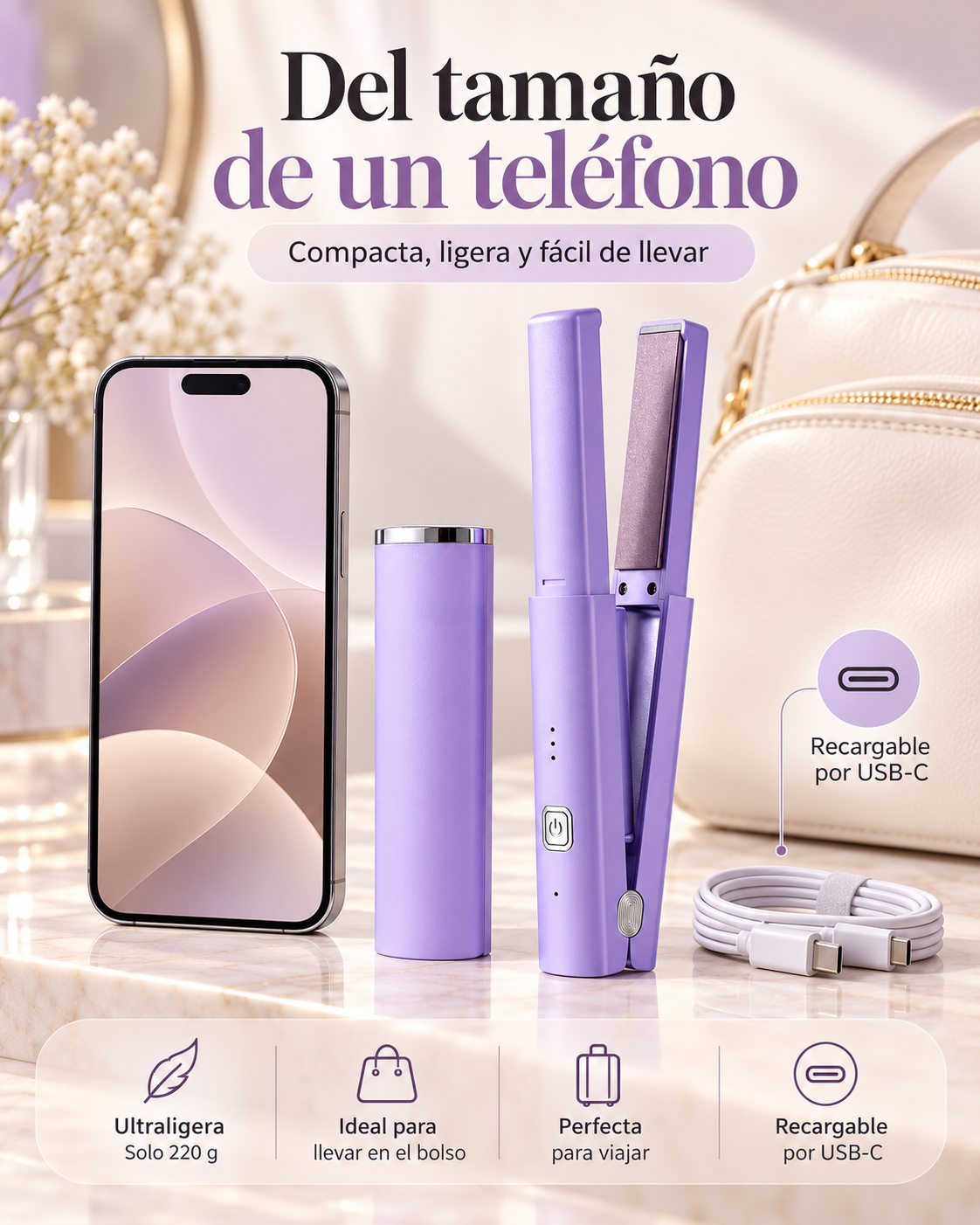Plancha alisadora MN15-XZ-902 compacta y recargable por USB-C